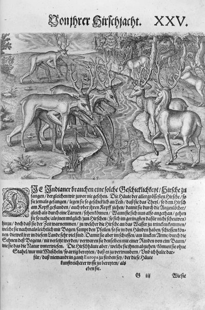 Florida Indianen jagen op herten vermomd onder hertenhuiden, uit 